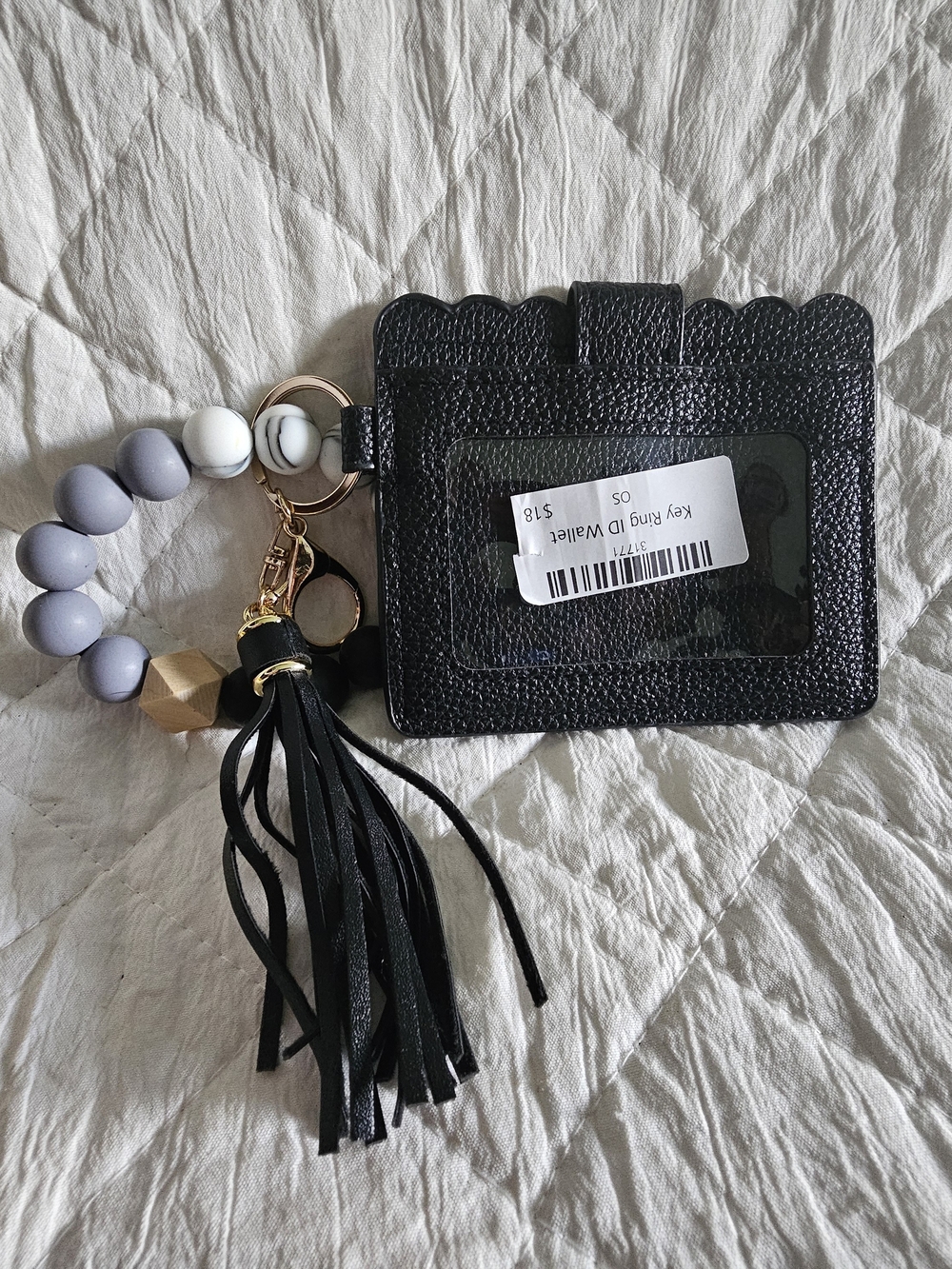 Black Scalloped ID Card Holder Wristlet with Tassel Keyring